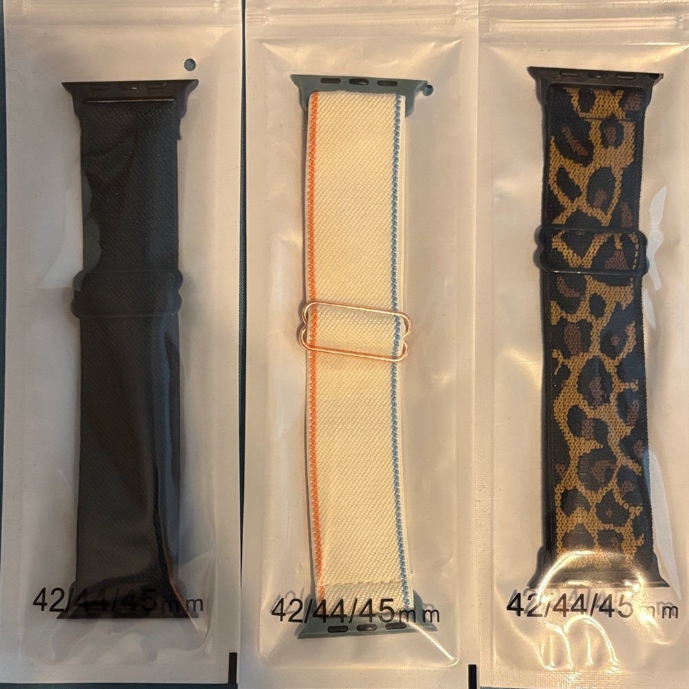 Elastic Smart-Watch Bands in Black, Cream with Orange and Blue Stripes, Leopard